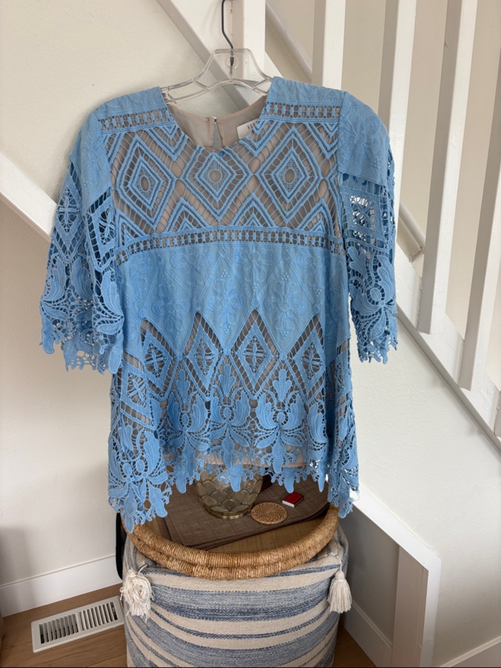 HUNTER BELL Sky Blue Crochet Lace Short Sleeve Top